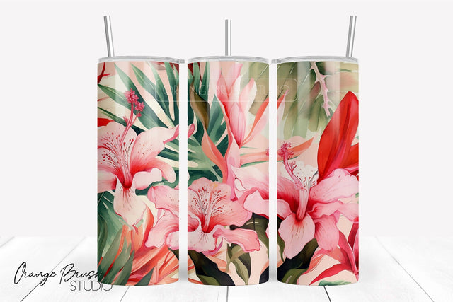 Tropical Flowers Summer Tumbler Wrap Sublimation Design Sublimation OrangeBrushStudio 