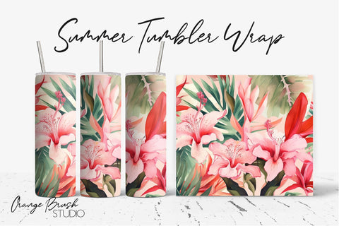 Tropical Flowers Summer Tumbler Wrap Sublimation Design Sublimation OrangeBrushStudio 