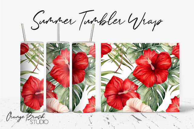 Tropical Flowers Summer Tumbler Wrap Sublimation Design Sublimation OrangeBrushStudio 