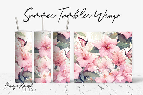 Tropical Flowers Summer Tumbler Wrap Sublimation Design Sublimation OrangeBrushStudio 