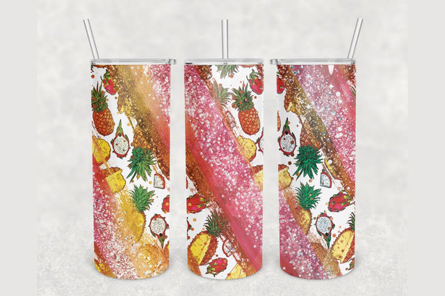 Tropical Fruits Pink Glitter Brush Tumbler sublimation design 20 oz skinny tumbler wrap Sublimation BambinaCreations 