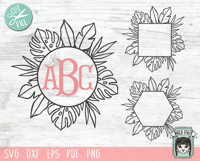 Tropical Leaf Frames SVG, Tropical Leaves cut file, Leaf Monogram svg, Summer Monogram svg, Monstera svg, Palm Leaves svg, Circle svg, Hexagon svg, Square svg, Wedding svg SVG Wild Pilot 
