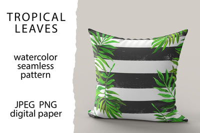 Tropical leaves and stripes seamless pattern, digital paper Digital Pattern Yustaf Art Store 