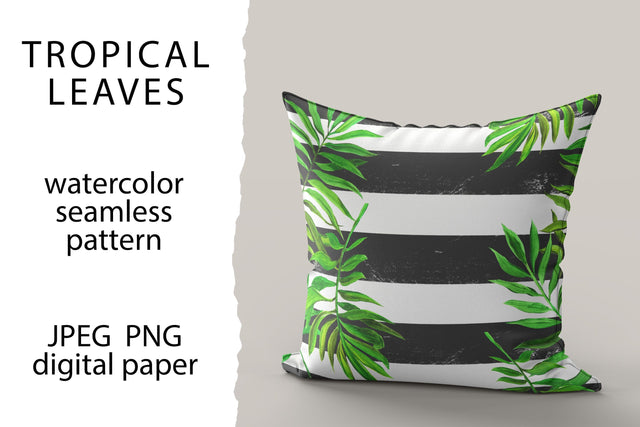Tropical leaves and stripes seamless pattern, digital paper Digital Pattern Yustaf Art Store 