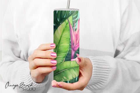 Tropical Leaves Beach Tumbler PNG, 20 Oz Skinny Tumbler Wrap Sublimation OrangeBrushStudio 