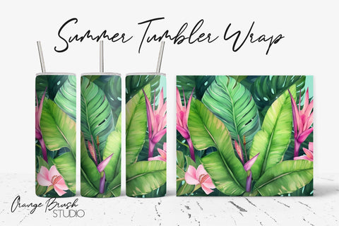 Tropical Leaves Beach Tumbler PNG, 20 Oz Skinny Tumbler Wrap Sublimation OrangeBrushStudio 