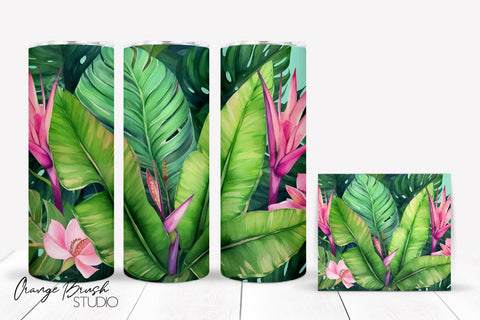 Tropical Leaves Beach Tumbler PNG, 20 Oz Skinny Tumbler Wrap Sublimation OrangeBrushStudio 