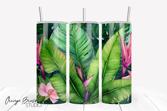 Tropical Leaves Beach Tumbler PNG, 20 Oz Skinny Tumbler Wrap Sublimation OrangeBrushStudio 