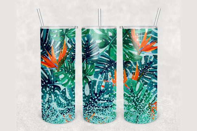 Tropical Leaves Floral Glitter Tumbler sublimation design 20 oz skinny tumbler wrap Sublimation BambinaCreations 
