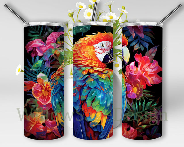 Tropical Parrot Bird 20oz Skinny Tumbler Png, Parrot Floral Tumbler, Vibrant Parrots Tropical Wildflowers Tumbler, Tropical Flower Summer Tumbler Sublimation WillowSageDesign 