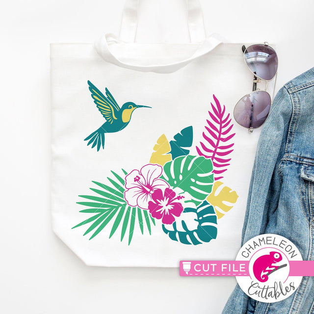 Tropical Scene with hummingbird and flowers square svg png dxf SVG Chameleon Cuttables 