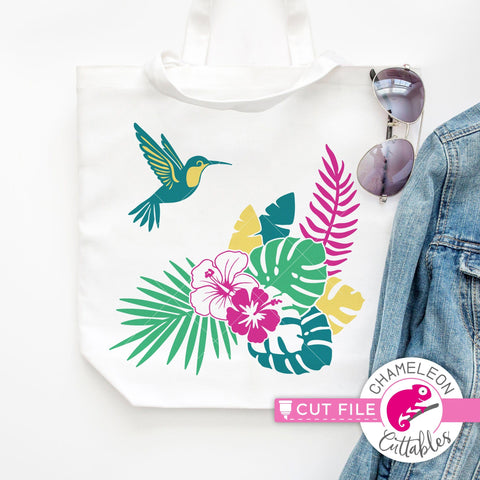 Tropical Scene with hummingbird and flowers square svg png dxf SVG Chameleon Cuttables 