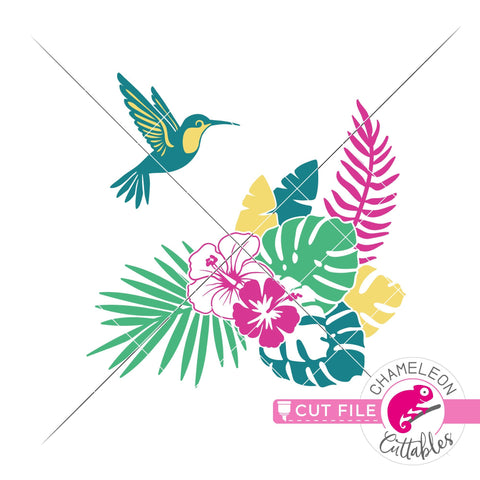 Tropical Scene with hummingbird and flowers square svg png dxf SVG Chameleon Cuttables 