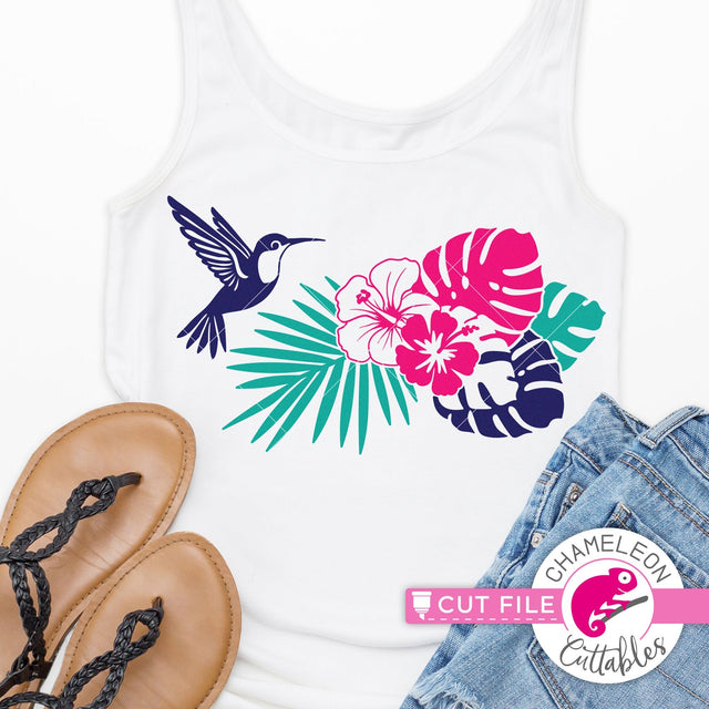 Tropical Scene with hummingbird and flowers svg png dxf SVG Chameleon Cuttables 