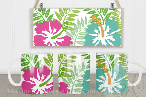 Tropical Sublimation Designs for Mugs / Pink and Turquoise Summer Flowers Sublimation Marlene Campos 