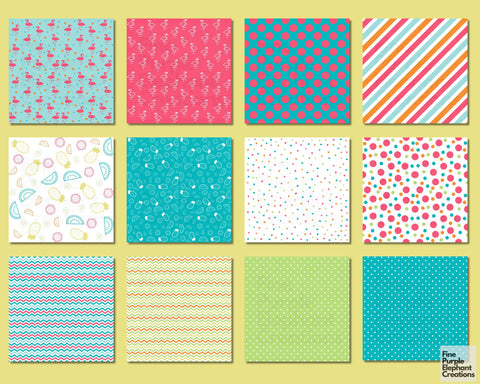Tropical Summer Digital Paper | Pool Party Scrapbook Digital Pattern Fine Purple Elephant Creations 
