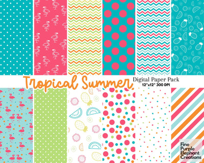 Tropical Summer Digital Paper | Pool Party Scrapbook Digital Pattern Fine Purple Elephant Creations 