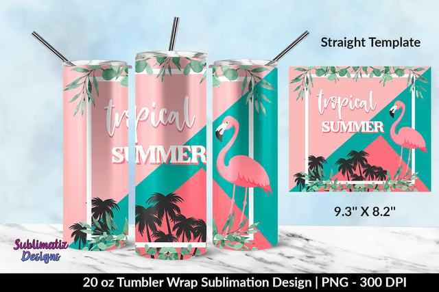 Tropical Summer Flamingo 20oz Skinny Tumbler Wrap Sublimation Design Sublimation Sublimatiz Designs 
