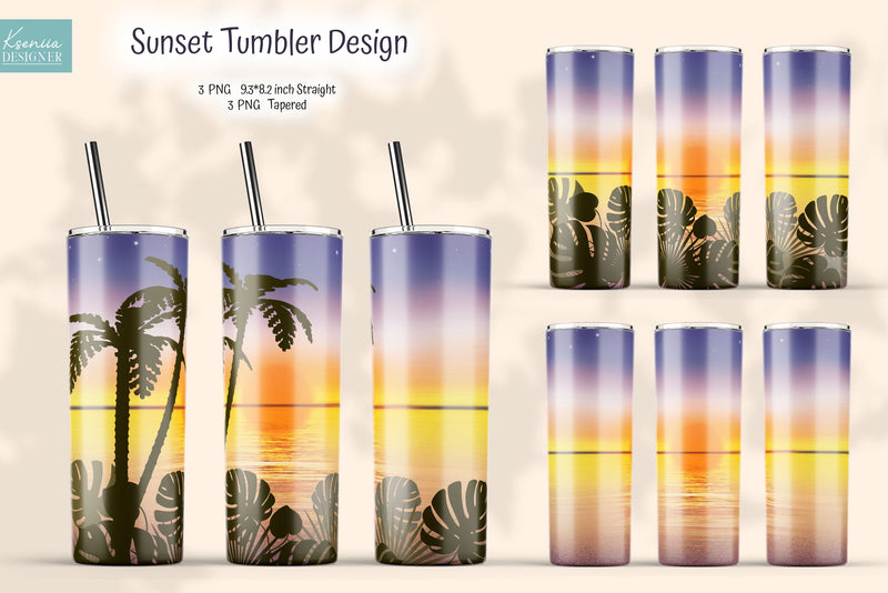Tropical Sunset Sublimation Tumbler. Monstera Leaves Wrap Sublimation Kseniia designer 