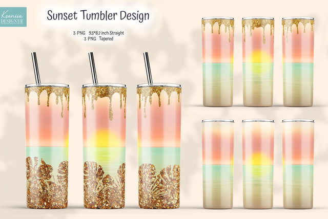 Tropical Sunset Sublimation Tumbler. Monstera Leaves Wrap Sublimation Kseniia designer 