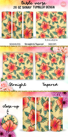 Tropical Tumbler, Orange Hibiscus Flowers, Hawaii tumbler, Floral tumbler, Summer Tumbler Wrap for 20 oz Skinny Sublimation Wrap Design. Straight and Tapered Sublimation Wrap Design. PNG file Sublimation KatineDesign 