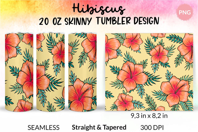 Tropical Tumbler, Orange Hibiscus Flowers, Hawaii tumbler, Floral tumbler, Summer Tumbler Wrap for 20 oz Skinny Sublimation Wrap Design. Straight and Tapered Sublimation Wrap Design. PNG file Sublimation KatineDesign 