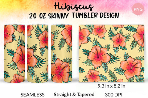 Tropical Tumbler, Orange Hibiscus Flowers, Hawaii tumbler, Floral tumbler, Summer Tumbler Wrap for 20 oz Skinny Sublimation Wrap Design. Straight and Tapered Sublimation Wrap Design. PNG file Sublimation KatineDesign 