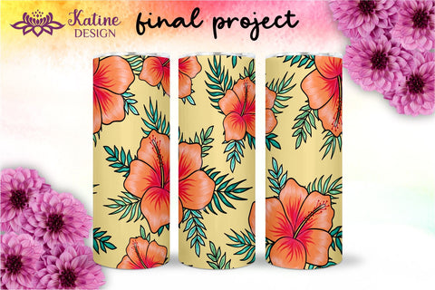 Tropical Tumbler, Orange Hibiscus Flowers, Hawaii tumbler, Floral tumbler, Summer Tumbler Wrap for 20 oz Skinny Sublimation Wrap Design. Straight and Tapered Sublimation Wrap Design. PNG file Sublimation KatineDesign 