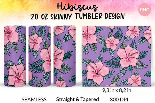Tropical Tumbler, Pink Hibiscus Flowers, Hawaii tumbler, Floral tumbler, Summer Tumbler Wrap for 20 oz Skinny Sublimation Wrap Design. Straight and Tapered Sublimation Wrap Design. PNG file Sublimation KatineDesign 