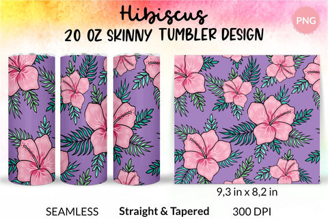 Tropical Tumbler, Pink Hibiscus Flowers, Hawaii tumbler, Floral tumbler, Summer Tumbler Wrap for 20 oz Skinny Sublimation Wrap Design. Straight and Tapered Sublimation Wrap Design. PNG file Sublimation KatineDesign 