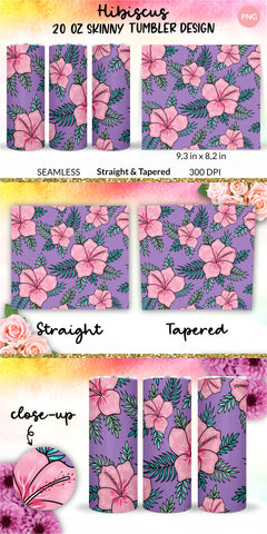 Tropical Tumbler, Pink Hibiscus Flowers, Hawaii tumbler, Floral tumbler, Summer Tumbler Wrap for 20 oz Skinny Sublimation Wrap Design. Straight and Tapered Sublimation Wrap Design. PNG file Sublimation KatineDesign 
