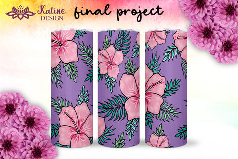 Tropical Tumbler, Pink Hibiscus Flowers, Hawaii tumbler, Floral tumbler, Summer Tumbler Wrap for 20 oz Skinny Sublimation Wrap Design. Straight and Tapered Sublimation Wrap Design. PNG file Sublimation KatineDesign 