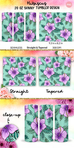 Tropical Tumbler, Purple Hibiscus Flowers, Hawaii tumbler, Floral tumbler, Summer Tumbler Wrap for 20 oz Skinny Sublimation Wrap Design. Straight and Tapered Sublimation Wrap Design. PNG file Sublimation KatineDesign 