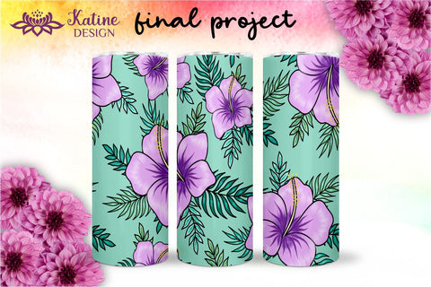 Tropical Tumbler, Purple Hibiscus Flowers, Hawaii tumbler, Floral tumbler, Summer Tumbler Wrap for 20 oz Skinny Sublimation Wrap Design. Straight and Tapered Sublimation Wrap Design. PNG file Sublimation KatineDesign 