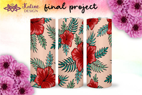 Tropical Tumbler, Red Hibiscus Flowers, Hawaii tumbler, Floral tumbler, Summer Tumbler Wrap for 20 oz Skinny Sublimation Wrap Design. Straight and Tapered Sublimation Wrap Design. PNG file Sublimation KatineDesign 