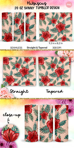 Tropical Tumbler, Red Hibiscus Flowers, Hawaii tumbler, Floral tumbler, Summer Tumbler Wrap for 20 oz Skinny Sublimation Wrap Design. Straight and Tapered Sublimation Wrap Design. PNG file Sublimation KatineDesign 