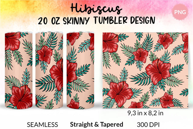 Tropical Tumbler, Red Hibiscus Flowers, Hawaii tumbler, Floral tumbler, Summer Tumbler Wrap for 20 oz Skinny Sublimation Wrap Design. Straight and Tapered Sublimation Wrap Design. PNG file Sublimation KatineDesign 