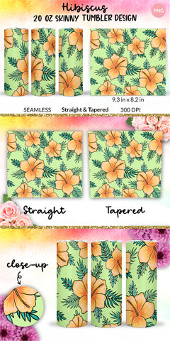 Tropical Tumbler, Yellow Hibiscus Flowers, Hawaii tumbler, Floral tumbler, Summer Tumbler Wrap for 20 oz Skinny Sublimation Wrap Design. Straight and Tapered Sublimation Wrap Design. PNG file Sublimation KatineDesign 