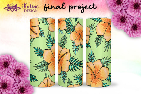 Tropical Tumbler, Yellow Hibiscus Flowers, Hawaii tumbler, Floral tumbler, Summer Tumbler Wrap for 20 oz Skinny Sublimation Wrap Design. Straight and Tapered Sublimation Wrap Design. PNG file Sublimation KatineDesign 