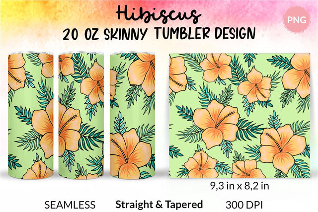 Tropical Tumbler, Yellow Hibiscus Flowers, Hawaii tumbler, Floral tumbler, Summer Tumbler Wrap for 20 oz Skinny Sublimation Wrap Design. Straight and Tapered Sublimation Wrap Design. PNG file Sublimation KatineDesign 
