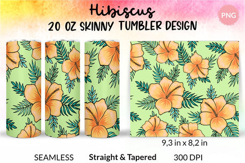 Tropical Tumbler, Yellow Hibiscus Flowers, Hawaii tumbler, Floral tumbler, Summer Tumbler Wrap for 20 oz Skinny Sublimation Wrap Design. Straight and Tapered Sublimation Wrap Design. PNG file Sublimation KatineDesign 