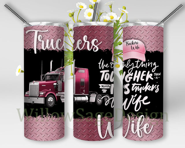 Truckers Wife 20oz Skinny Tumbler Png, Hot Pink Tumbler Wrap, Truck Driving Tumbler, Mechanic Wife Tumbler, Women Gift For Car Mechanic Sublimation WillowSageDesign 