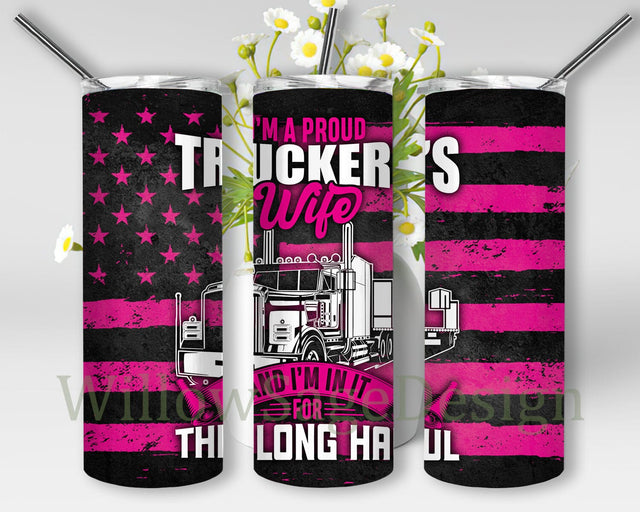 Truckers Wife 20oz Skinny Tumbler Png, Hot Pink Tumbler Wrap, Truck Driving Tumbler, USA Seamless Template, Women Gift For Car Mechanic Sublimation WillowSageDesign 