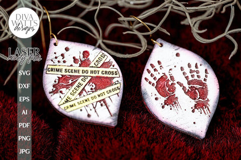 True Crime Earrings Glowforge SVG Crime Scene Tape and Bloody Hands Glowforge Earrings SVG Earrings for Halloween Hand Print Earrings SVG SVG Diva Watts Designs 
