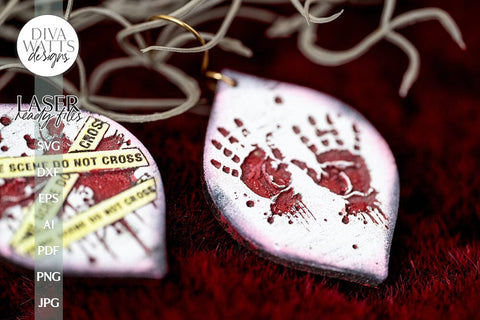 True Crime Earrings Glowforge SVG Crime Scene Tape and Bloody Hands Glowforge Earrings SVG Earrings for Halloween Hand Print Earrings SVG SVG Diva Watts Designs 