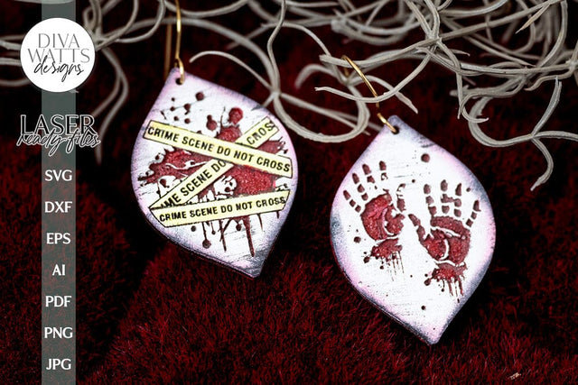 True Crime Earrings Glowforge SVG Crime Scene Tape and Bloody Hands Glowforge Earrings SVG Earrings for Halloween Hand Print Earrings SVG SVG Diva Watts Designs 