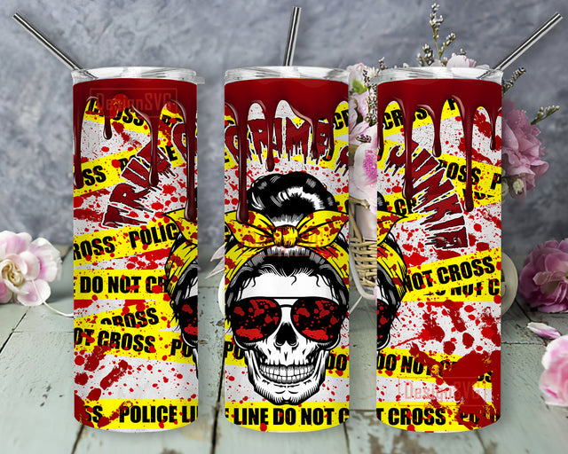 True Crime Junkie 20oz Skinny Tumbler, Halloween Messy Bun Skull Tumbler Template, Crime Scene Tumbler Png, Halloween Bloody Design Png, Digital Download Sublimation DesignSVG 