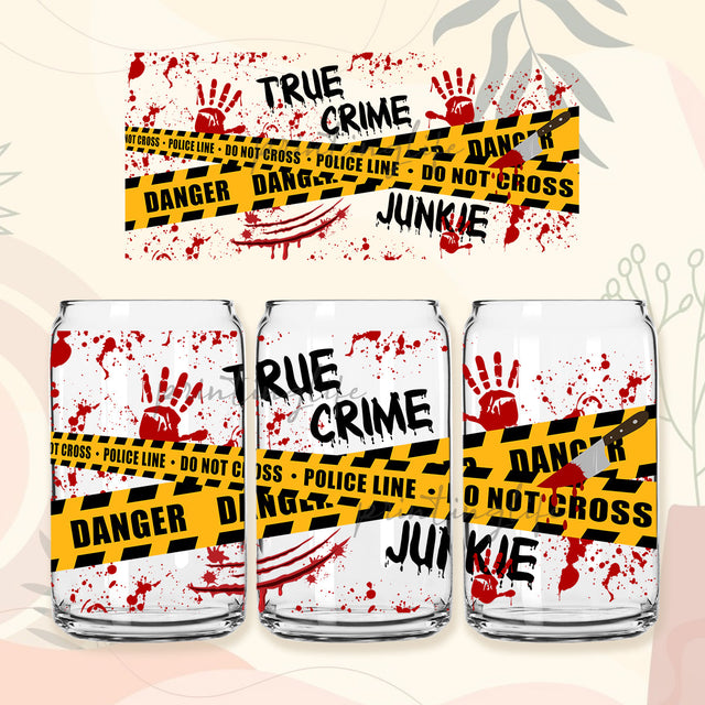 True Crime Junkie Frosted Can Glass Png, Horror Crime Scene 16oz Glass Can png design for sublimation digital download PNG Sublimation PrintingLife 