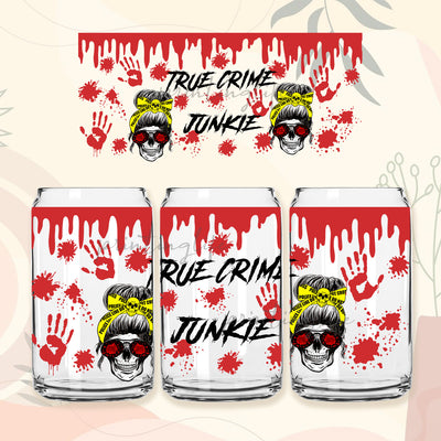 True Crime Junkie Messy Bun Skull Can Glass 16oz Wrap, Crime Scene DIY Wrap For Libbey Can Shaped Glass Sublimation PrintingLife 