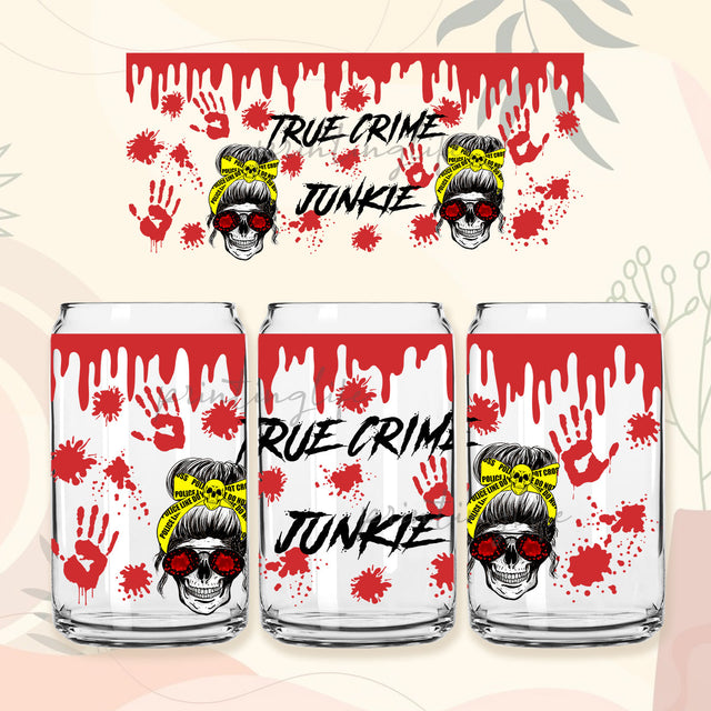 True Crime Junkie Messy Bun Skull Can Glass 16oz Wrap, Crime Scene DIY Wrap For Libbey Can Shaped Glass Sublimation PrintingLife 